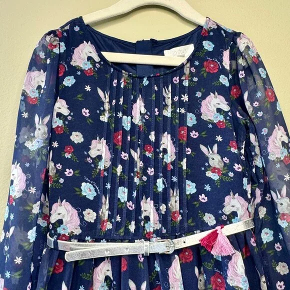 TUTU’S & TAMBOURINES Woodland Creatures Dress Girls 7 Blue Bunny Rabbit Unicorns - Picture 3 of 8